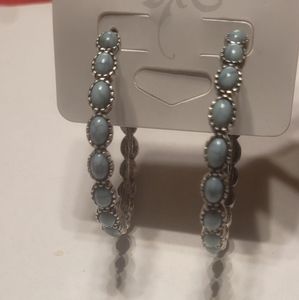 Silver tone and Turquoise 2 in hoop earrings
